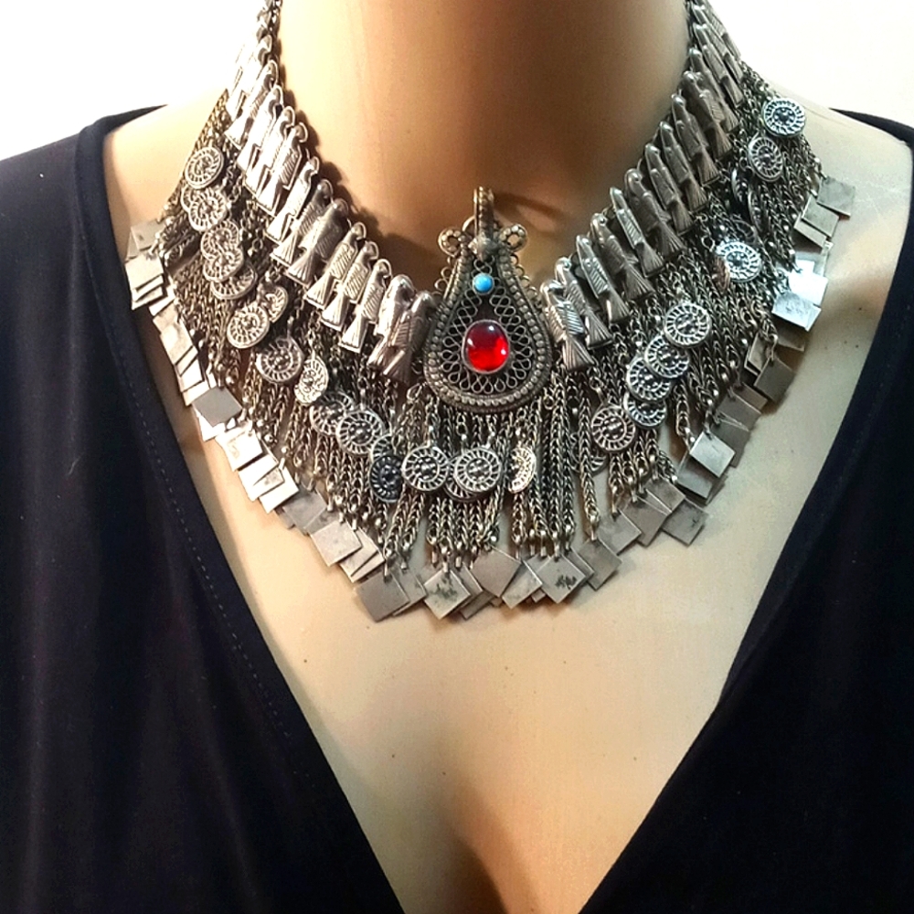 Boho Metal Tribal Red Stone Statement Necklace/ Headpiece